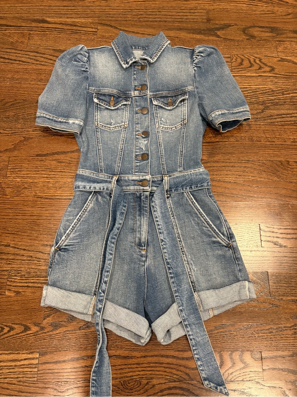 Retrofete Light Blue Denim Short Romper with Tie Belt